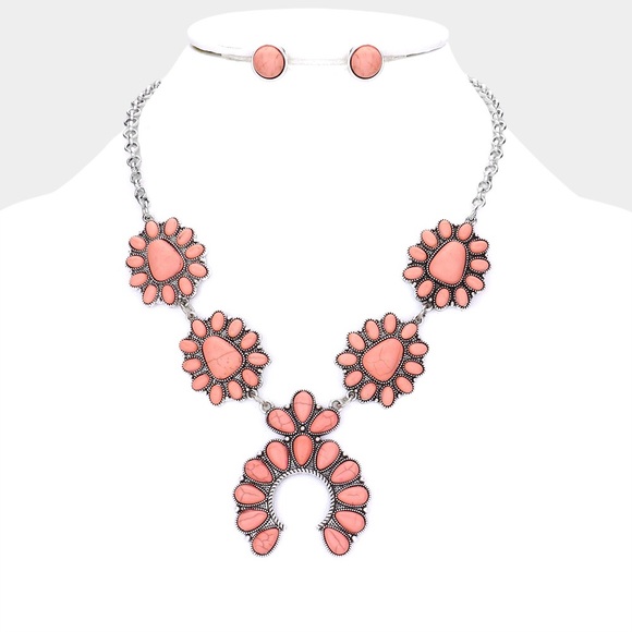 Pink Natural Stone Antique Metal Squash Blossom Necklace Earrings Jewelry Set - Picture 1 of 2